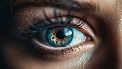 One young woman staring at camera with blue eyes only generated by AI