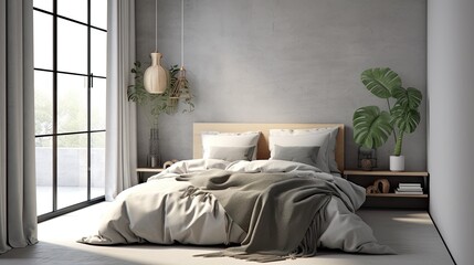 Gray walls, a concrete floor, and a king size bed are all features of this minimalist bedroom nook. Scandinavian design a mockup Generative AI - obrazy, fototapety, plakaty