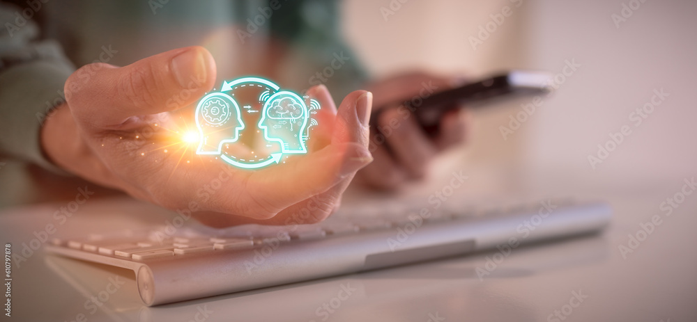 Poster concept of ai-artificial intelligence innovation. ai adoption, operational support. digital brain, p