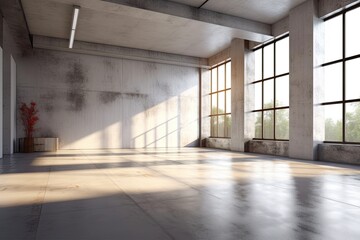 White walls and a concrete floor can be found in an empty loft. Generative AI