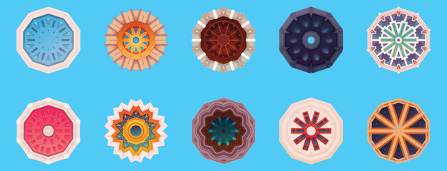 a set of colorful circular ornaments on a blue background, a colorful circular pattern on a blue background