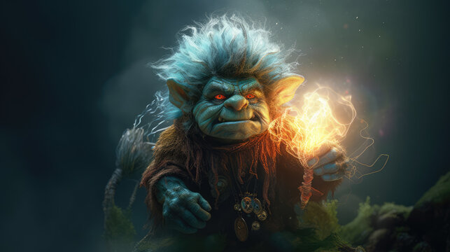 Fantastic small troll with big face and fireball in the hand and light particles uniform background