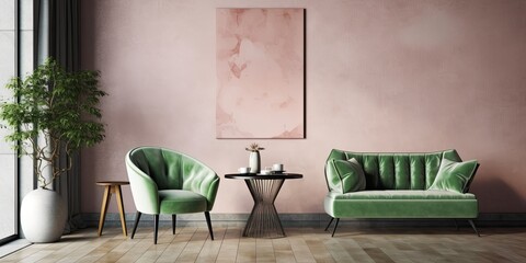 Interior of a contemporary living room with concrete walls, a hardwood floor, and a green sofa and pink armchair next to a vertical poster and a coffee table. a mockup Generative AI