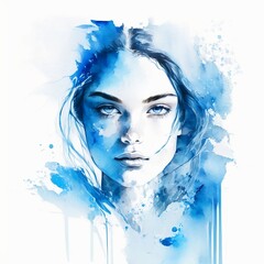 Illustration of young girl in blue tones, watercolor style. Generative AI