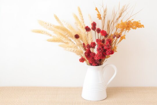 Dried flowers in a white vase are displayed in a stylish, minimalistic setting in a home or studio. Background color: neutral; copy space Generative AI