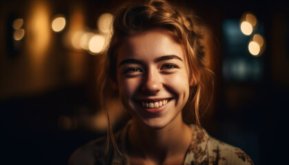 Young woman with brown hair smiling, looking at camera indoors generated by AI