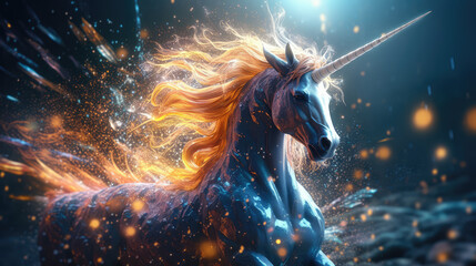 Beautiful fantasy unicorn with a burning mane runs forward on a blue background with light particles