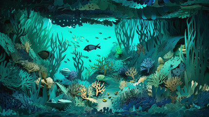 Fototapeta na wymiar Paper art underwater scene illustration