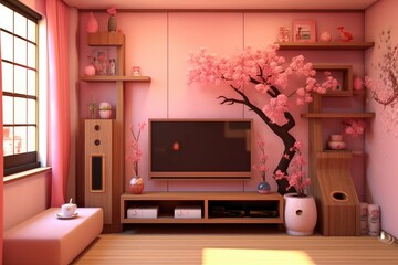 Japanese decor of a pink sakura living room with TV cabinet and showcase. Generative AI