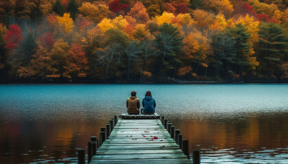 Fototapeta premium Young couple walking in serene autumn forest, enjoying tranquil beauty generated by AI