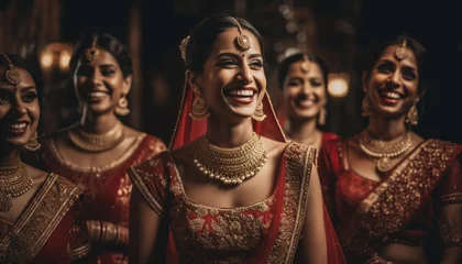 Tuinposter Smiling young women in traditional saris celebrate Indian culture together generated by AI © djvstock