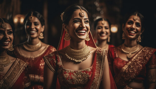 Smiling young women in traditional saris celebrate Indian culture together generated by AI