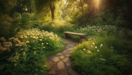 Naklejka premium Tranquil meadow bench surrounded by blossoming flowers and green trees generated by AI