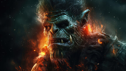 Fantastic ugly troll with big face, fire particles on a dark background with light particles uniform