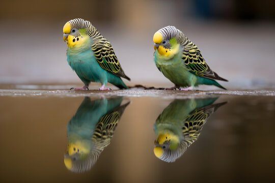 Pair of Parakeets Mirror Each Other&rsquo;s Stance