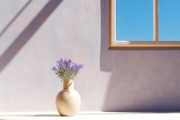 blank poster with a window and a flower in a ceramic vase sunshine against a pale violet background Generative AI