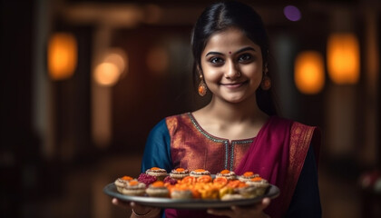 One young woman holding sweet dessert, smiling confidently at camera generated by AI