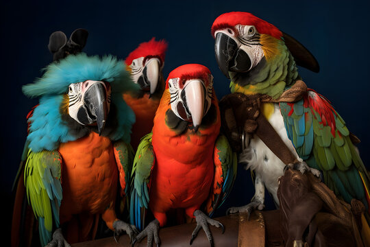 Colorful 3D Parrots Group, One Wearing a Pirate Hat