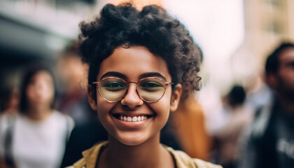 Smiling young women exude confidence in casual indoor portrait generated by AI