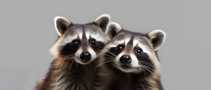 Mischievous Raccoons Couple with Amusing Expressions on Light Background
