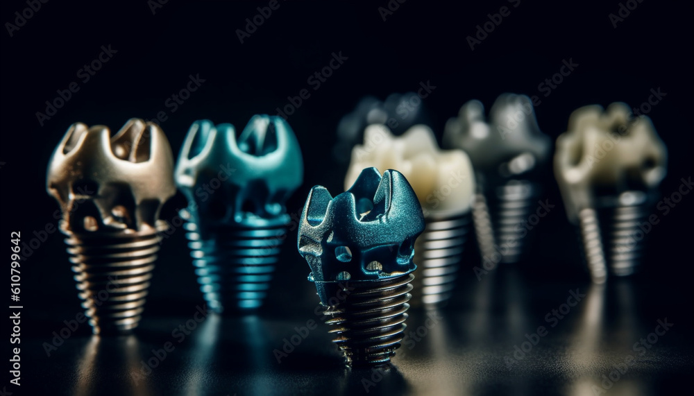 Poster metallic work tools in a row, on black background generated by ai