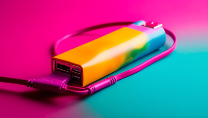 Multi colored USB cable connects computer to power supply for charging generated by AI
