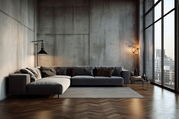 Interior of a concrete living room with a black sofa, a wooden floor, concrete walls, and loft windows. a mockup Generative AI
