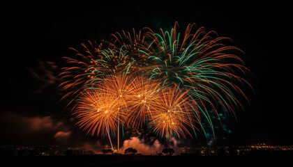 Vibrant colors ignite the night sky in explosive celebration event generated by AI