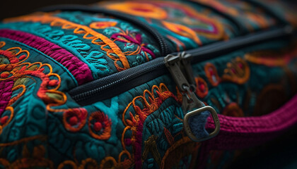 Ornate embroidery decorates old fashioned leather travel bag for cultural journey generated by AI