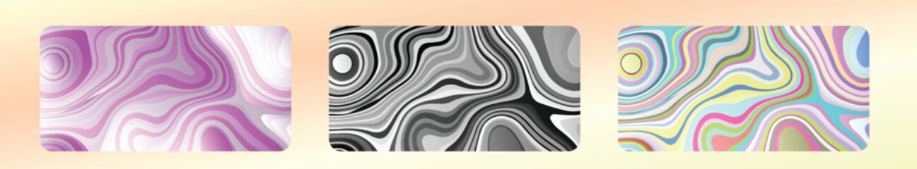 three different colored marbled backgrounds, A black and white swirly pattern
