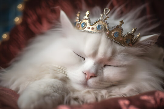 Luxurious Fluffy White Cat Wearing a Crown for Product Campaigns
