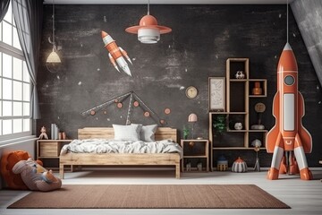 Blackboard with a giant rocket drawing, horizontal poster hanging over the bed, built-in bookshelves, and computer desk in a child's room. Corner; mock-up Generative AI