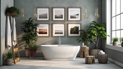 Fototapeta premium a lavish bathroom with a bathtub, a mock-up picture frame on a stunning wall, decorated with cozy furnishings and plants, Generative AI