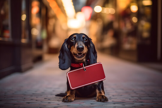 Dachshund Dog Holding Red Sign