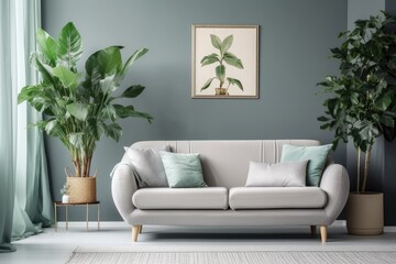 Modern living room d�cor includes a grey fabric sofa, white and green pillows, an empty picture frame on a beige wall, and a plant in a pot on a side table. Generative AI