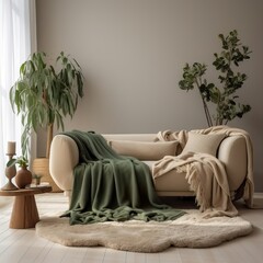 Fototapeta na wymiar Contemporary home interior with sofa, folded blanket and pillows, detailed room decor, empty wall mockup Generative AI