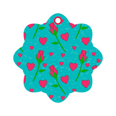 Love gift tag with flowers of roses and hearts. Blue kraft carton label with beautiful love texture. Vector illustration isolated