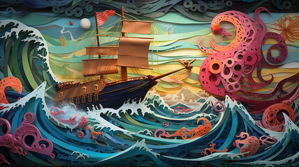 Paper cut art illustration of boat on the ocean with kraken