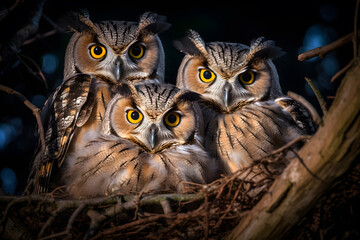 Family of owls, one with eyes wide open
