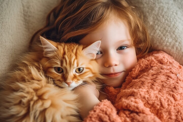 A small cute girl with reddish brown hair smiling and cuddling an orange cat in her hands. Generative AI