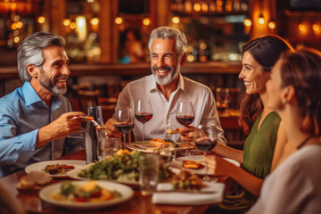 Smiling caucasian people dinning out and enjoying each other's company while having a dinner party. Generative AI - obrazy, fototapety, plakaty