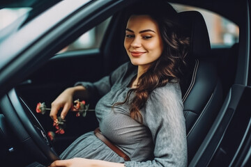 Fototapeta na wymiar Beautiful smiling pregnant woman sitting in car, young attractive mom to be getting ready to drive a car. Generative AI