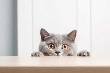 Beautiful funny grey British cat with yellowish eyes peeking out from the white wooden table with the white background wall. Generative AI