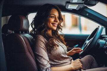 Obraz na płótnie Canvas Beautiful smiling pregnant woman sitting in car, young attractive mom to be getting ready to drive a car. Generative AI