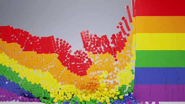 LGBT flag collapses in small pieces - conceptual 3D render animation