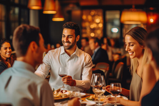 Smiling Adult People Dinning Out And Enjoying Each Other's Company While Having A Dinner Party. Generative AI