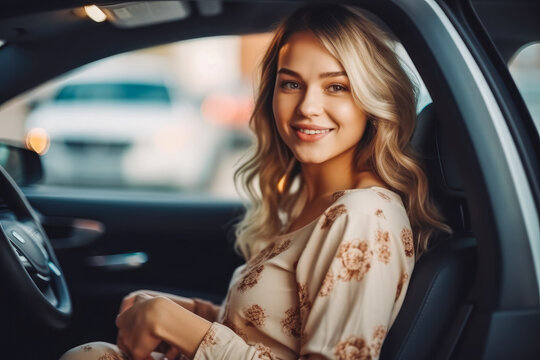 Beautiful smiling pregnant woman sitting in car, young attractive mom to be getting ready to drive a car. Generative AI