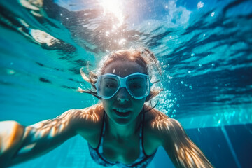 Naklejka premium Beautiful female swimmer swimming underwater with a smile on her face, enjoying water and having fun. Generative AI