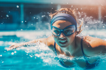 Fototapeta premium Beautiful female swimmer swimming in indoor pool with a smile on her face, enjoying water, practicing and having fun. Generative AI
