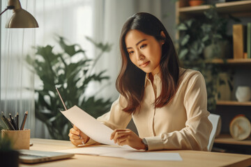 Beautiful asian female translator working on translating a document in her office, business orientate